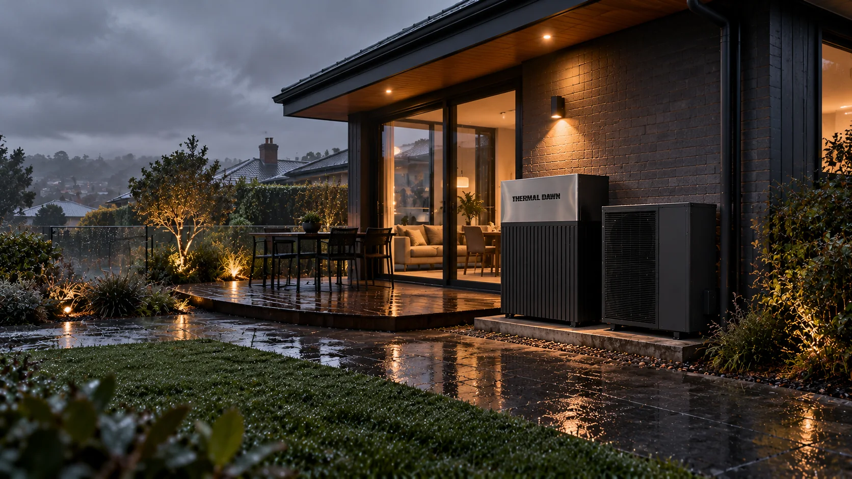 A Thermal Dawn thermal store and heat pump outside a home on a wet winter evening, the house lit and warm inside